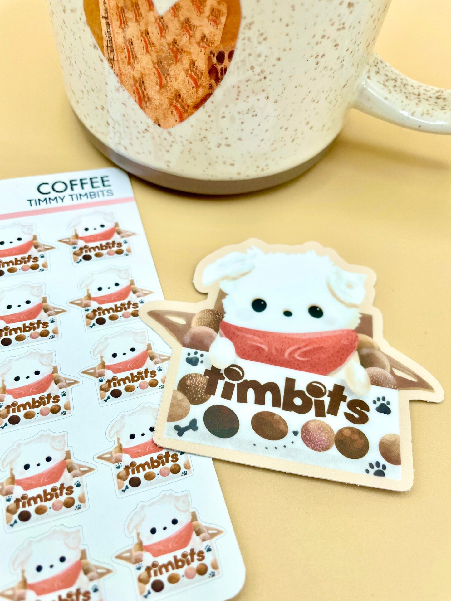 Timmy Coffee Donut Vinyl Sticker | Maltese Dog Puppy Doughnut Canadian Sticker