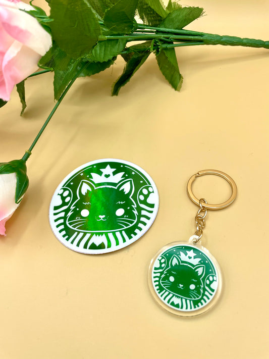 Green Cat Café Holographic Vinyl Sticker/Keychain
