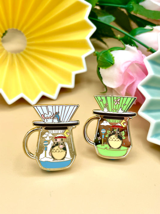 Spirit Café Origami Coffee Gold Hard Enamel Pins (White/Blue) (Inspired Art)