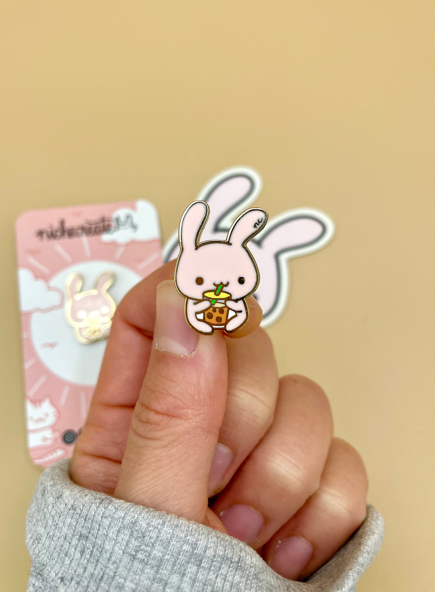 Bunny BBT Gold Hard Enamel Pin & Vinyl Sticker & Keychain | Boba Bubble Tea