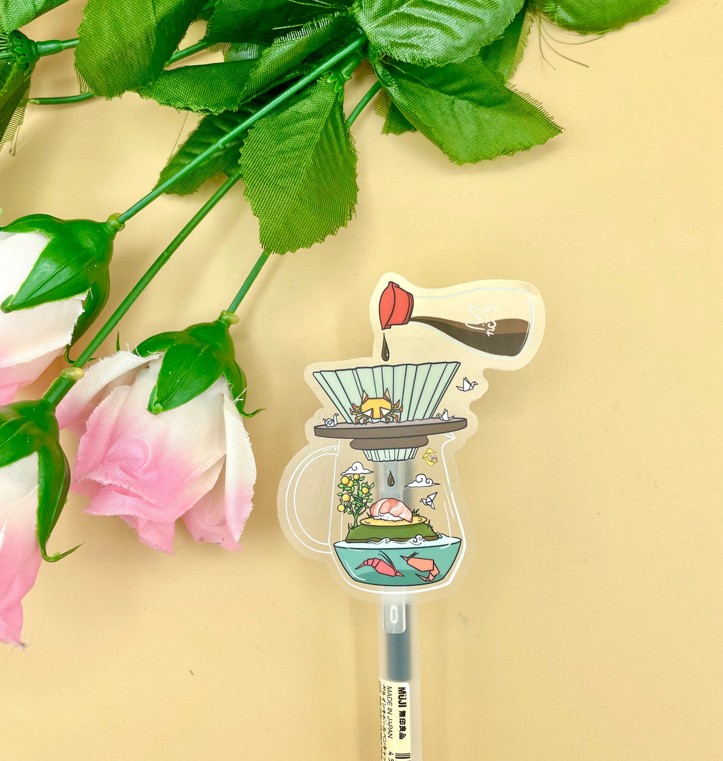 Origami Sushi Coffee Vinyl Stickers & Keychains (Transparent) | Matte Green