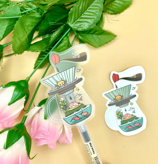 Origami Sushi Coffee Vinyl Stickers & Keychains (Transparent) | Matte Green