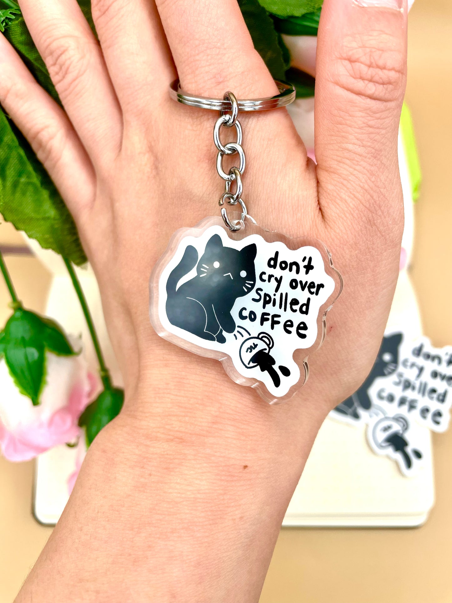 Black Cat Coffee Vinyl Stickers and Keychains | Don't Cry Over Spilled Coffee