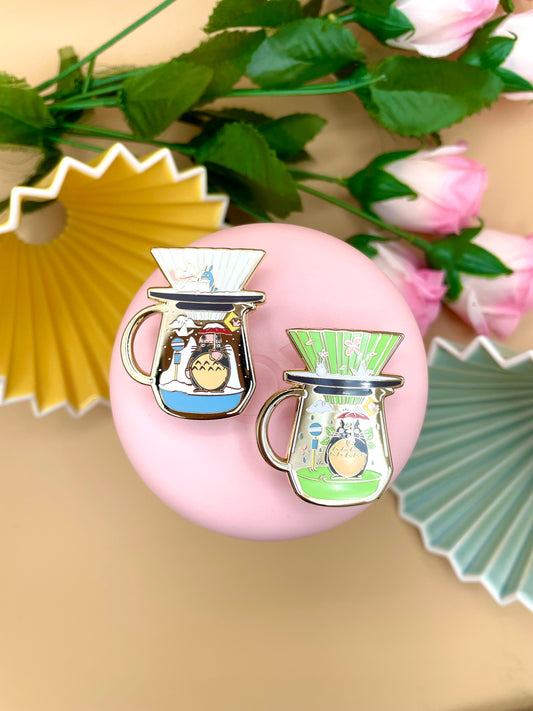 Spirit Café Origami Coffee Gold Hard Enamel Pins (White/Blue) (Inspired Art)