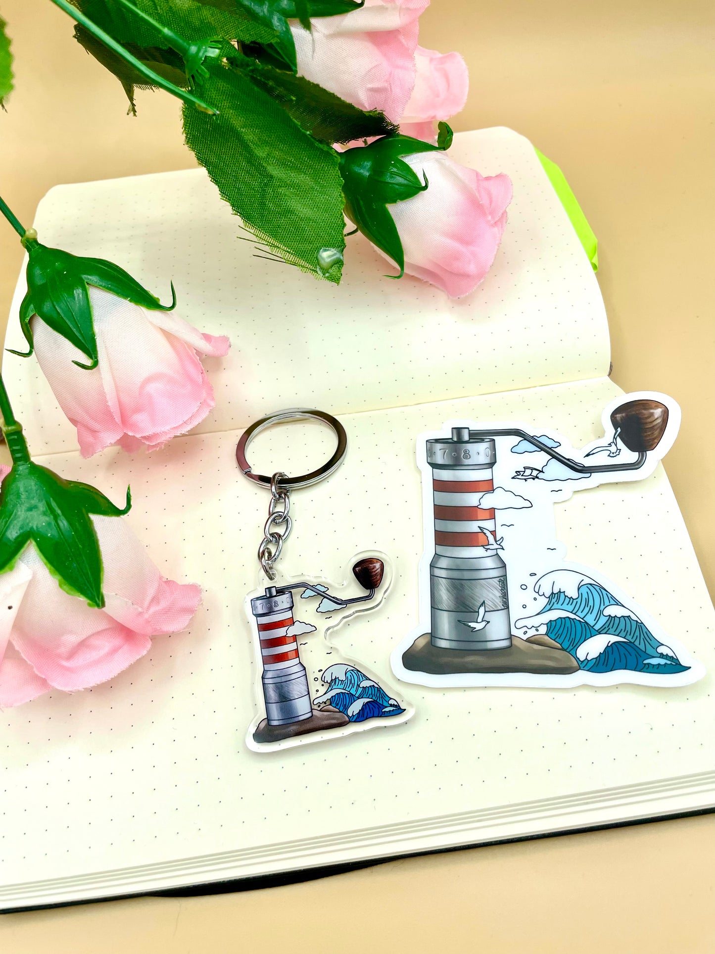 Coffee Grinder Lighthouse and Waves Vinyl Sticker and Keychains (Transparent)
