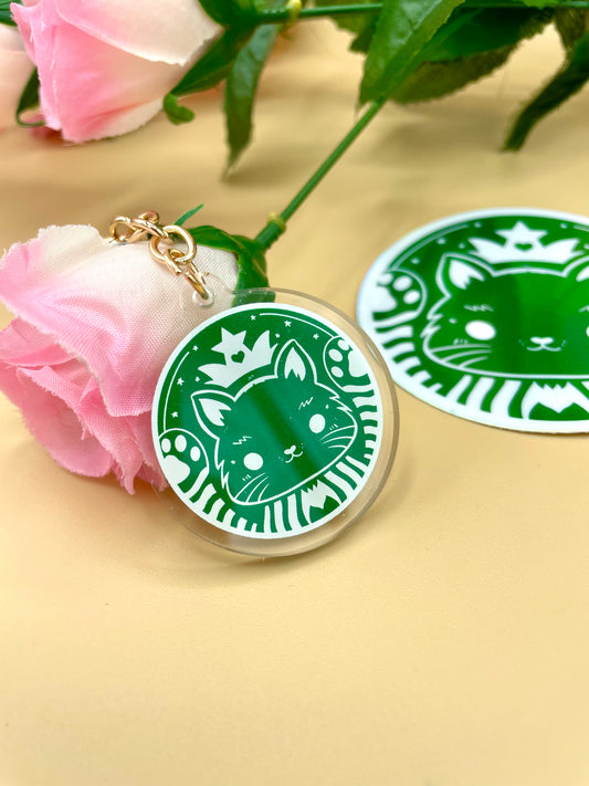 Green Cat Café Holographic Vinyl Sticker/Keychain