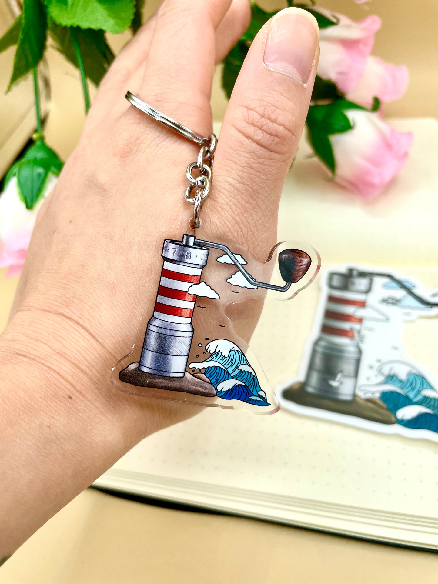 Coffee Grinder Lighthouse and Waves Vinyl Sticker and Keychains (Transparent)
