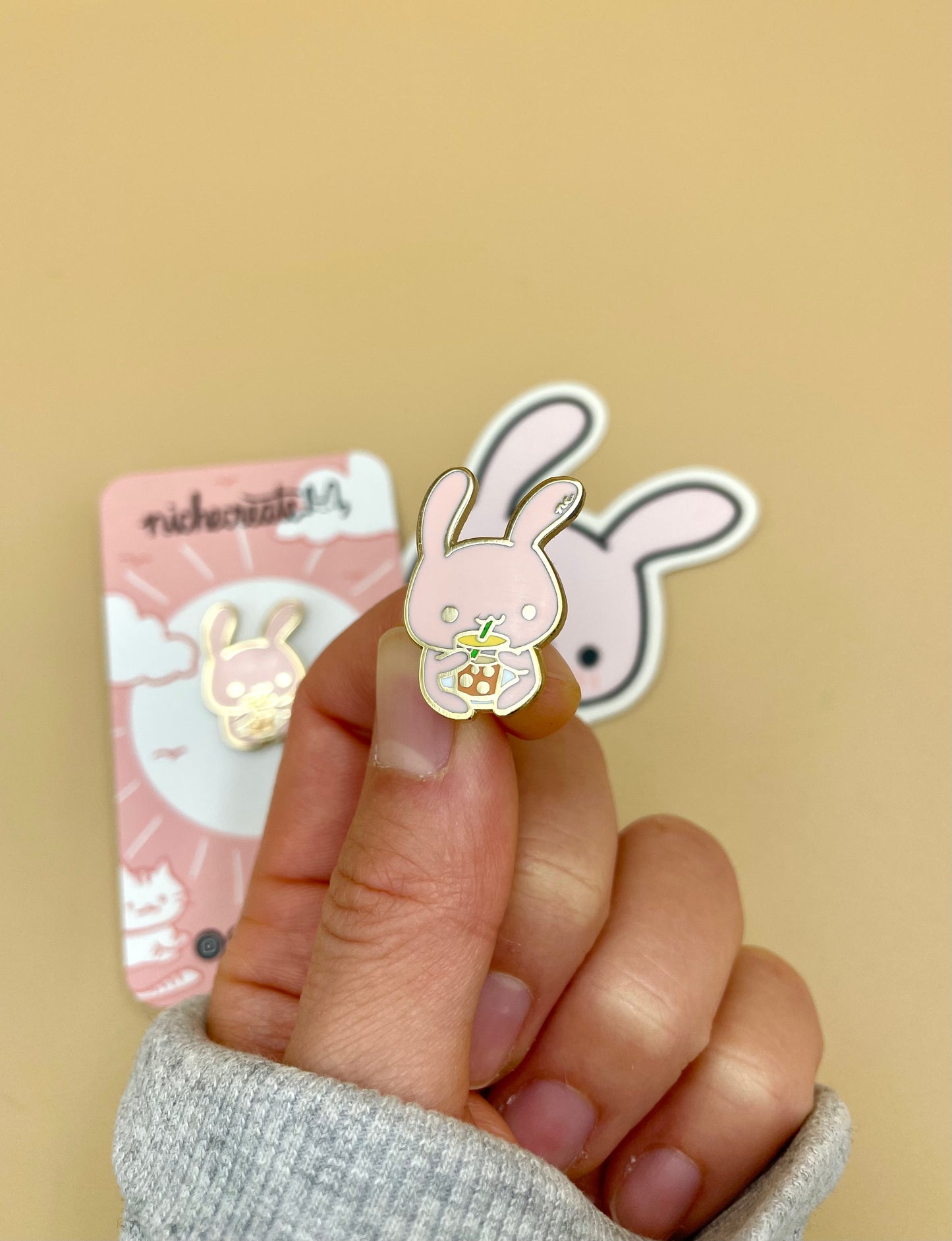 Bunny BBT Gold Hard Enamel Pin & Vinyl Sticker & Keychain | Boba Bubble Tea