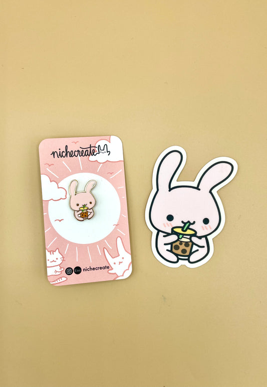 Bunny BBT Gold Hard Enamel Pin & Vinyl Sticker & Keychain | Boba Bubble Tea