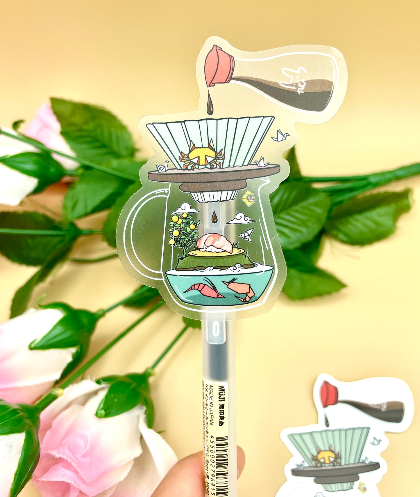 Origami Sushi Coffee Vinyl Stickers & Keychains (Transparent) | Matte Green