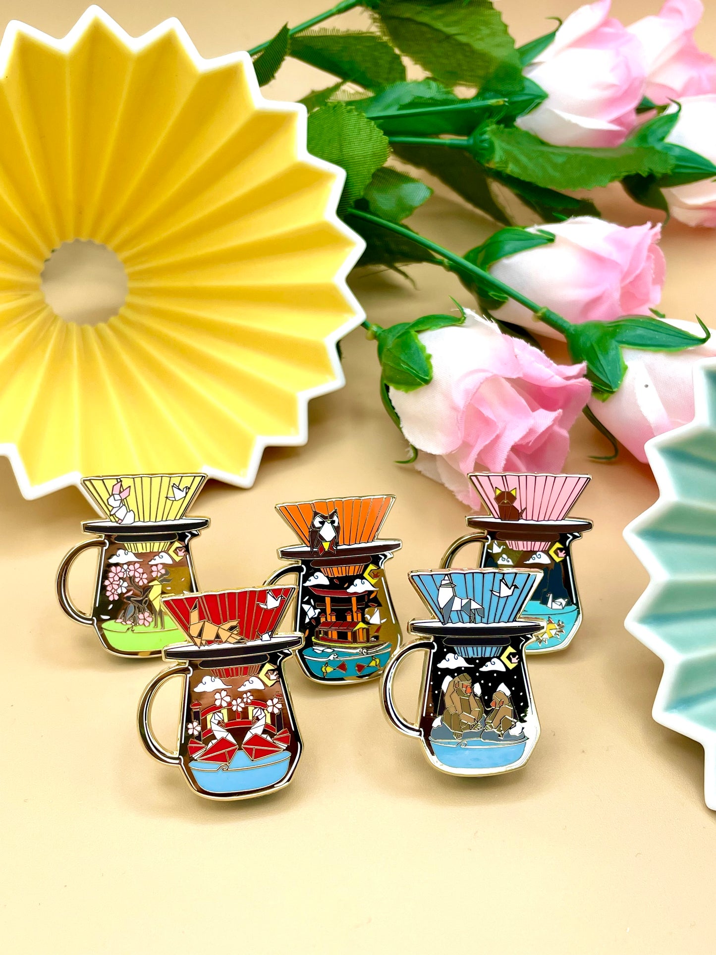 Origami Coffee Gold Hard Enamel Pins (Pink/Yellow/Orange/Blue/Red)