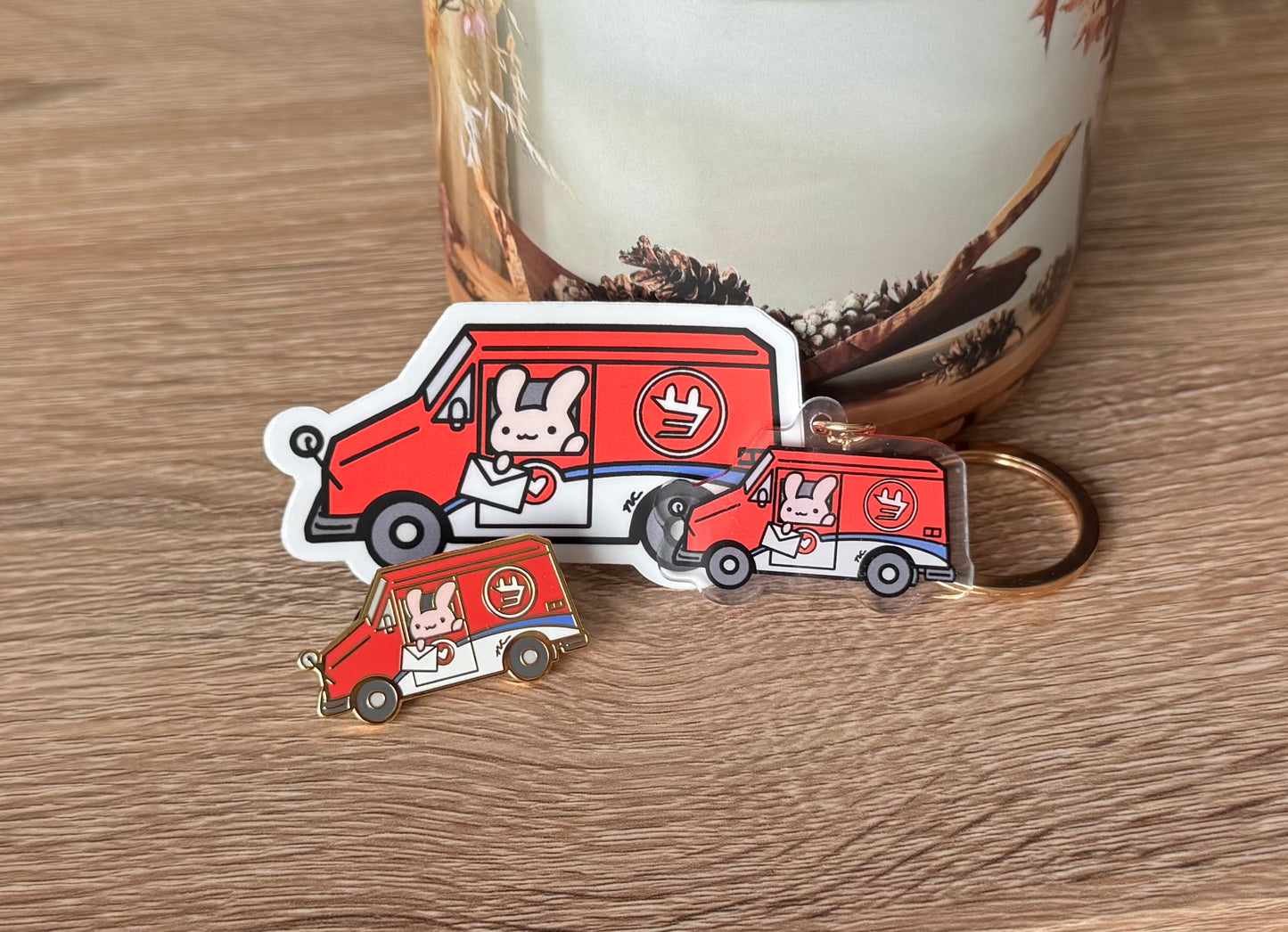 Postal Truck Bunny Gold Enamel Pin & Vinyl Sticker & Keychain