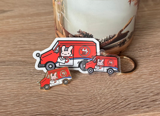Postal Truck Bunny Gold Enamel Pin & Vinyl Sticker & Keychain