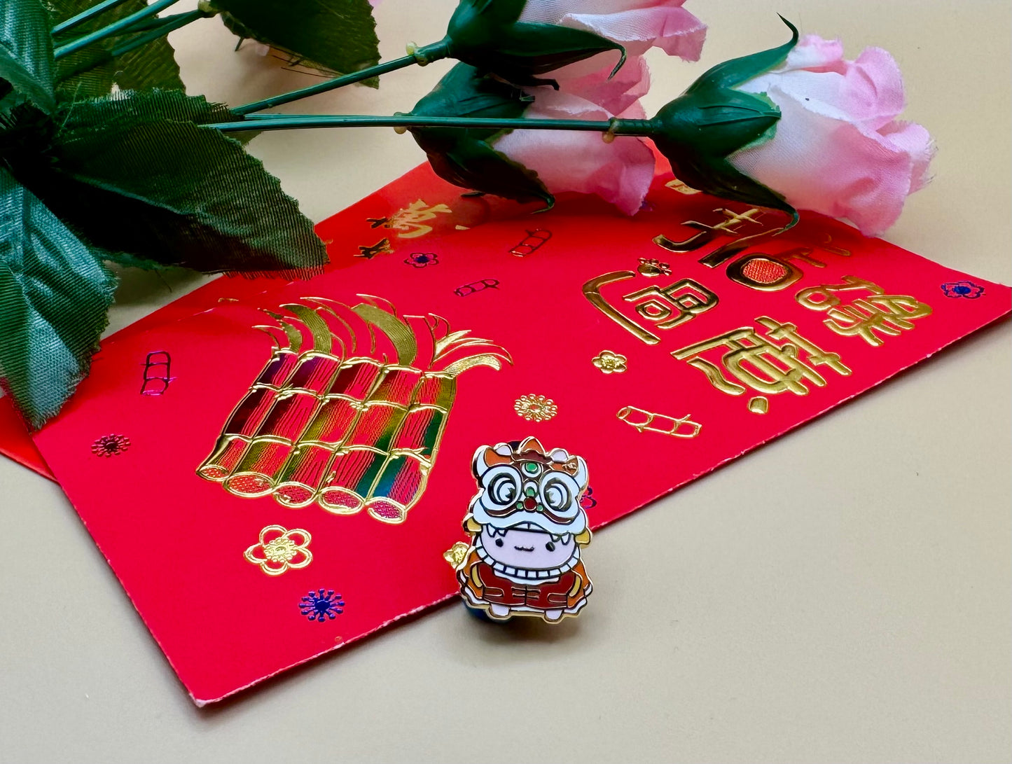 Bunny Lion Dance Gold Hard Enamel Pin (Lunar New Year, Chinese New Year)