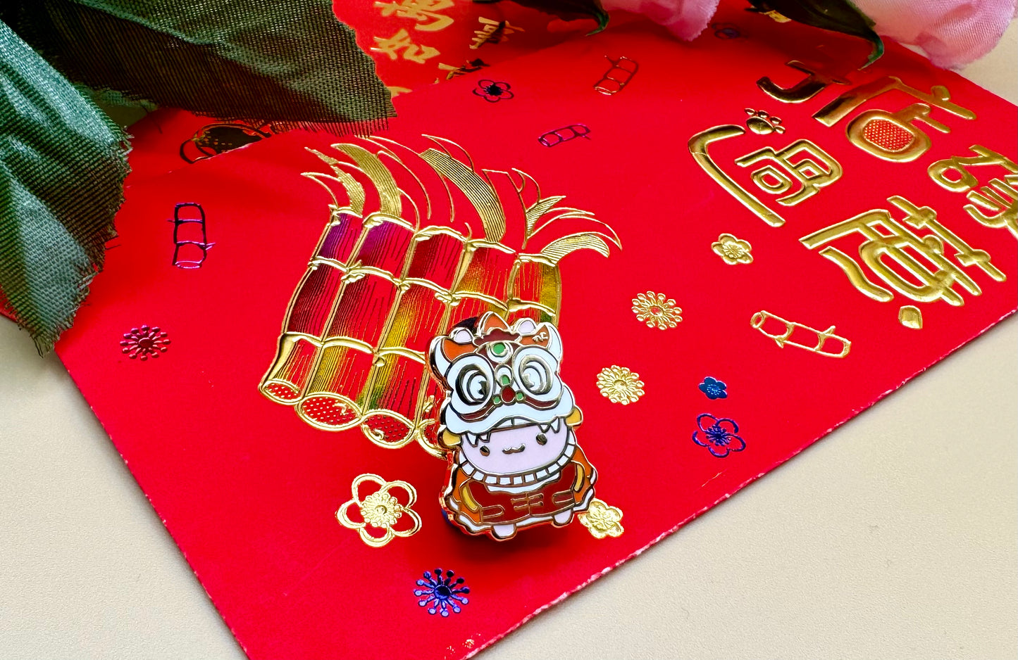 Bunny Lion Dance Gold Hard Enamel Pin (Lunar New Year, Chinese New Year)