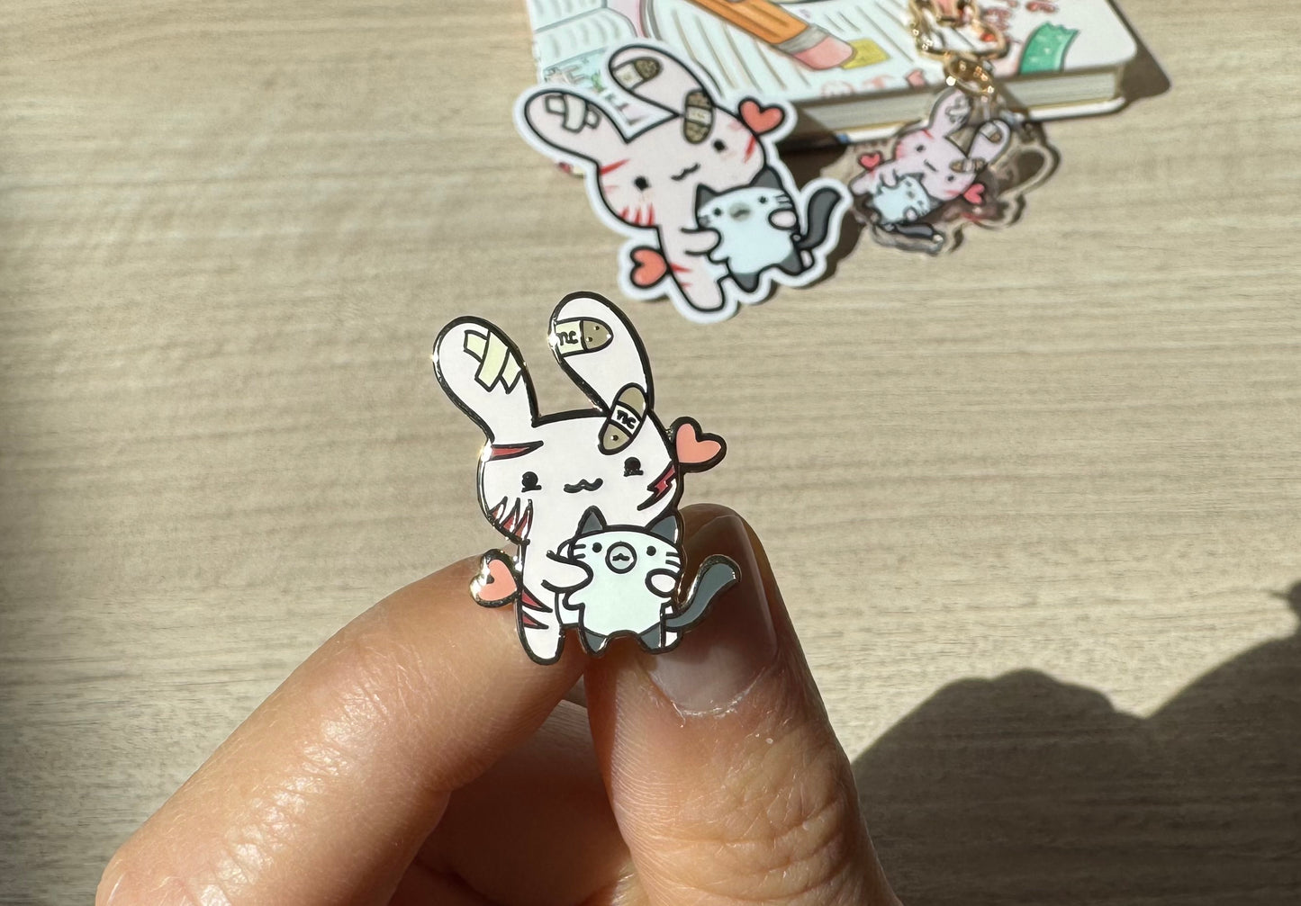 Cat Lover Bunny Gold Enamel Pin & Vinyl Sticker & Keychain
