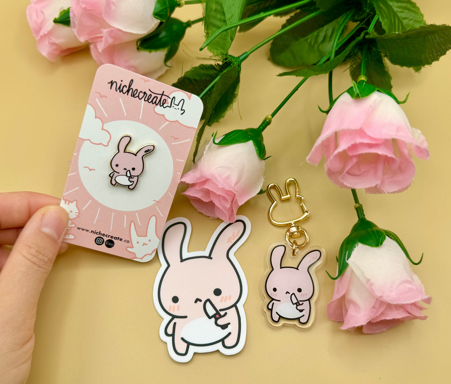 Stabby Bunny Gold Hard Enamel Pin & Vinyl Sticker & Keychain