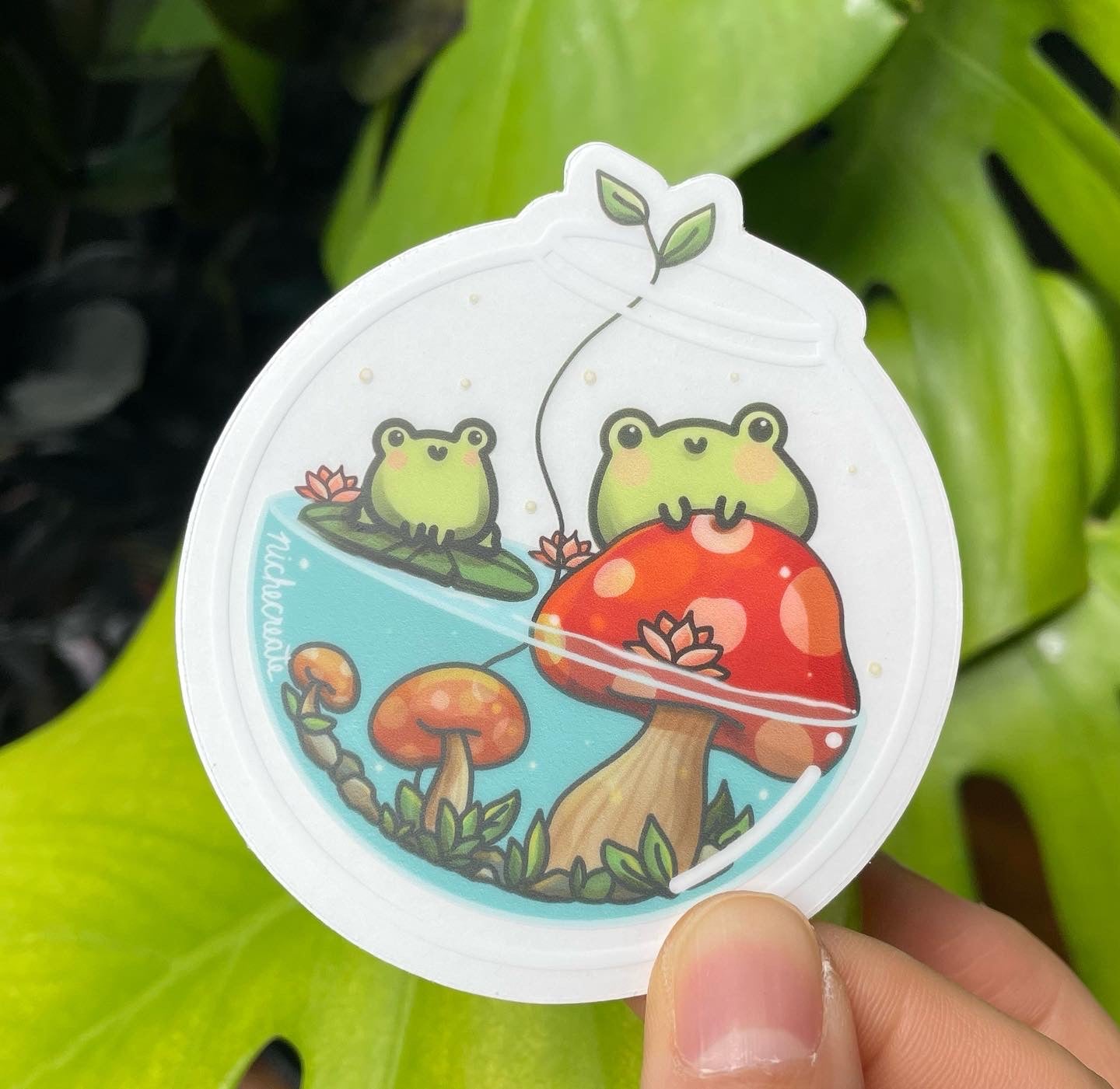 Froggy Mushroom Vinyl Sticker & Keychain (Transparent)