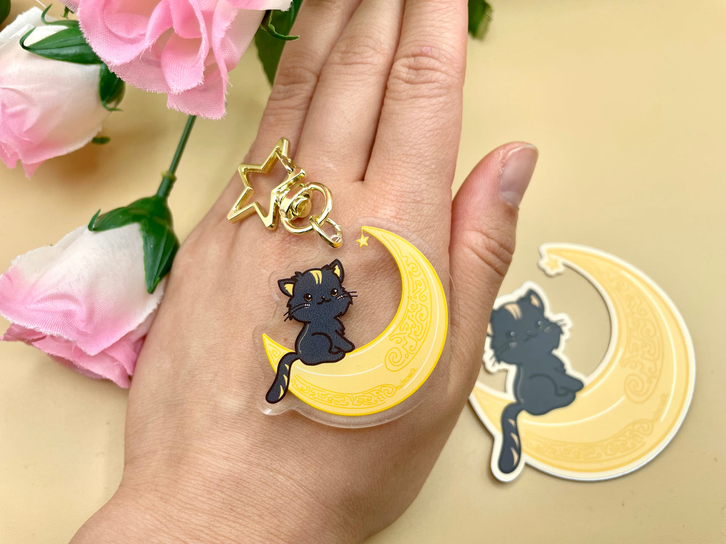 Black Cat on Moon Keychain