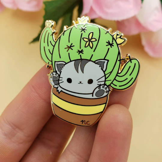 Catctus Gold Hard Enamel Pins (from Four Cats + Plants) | Grey, Orange, White