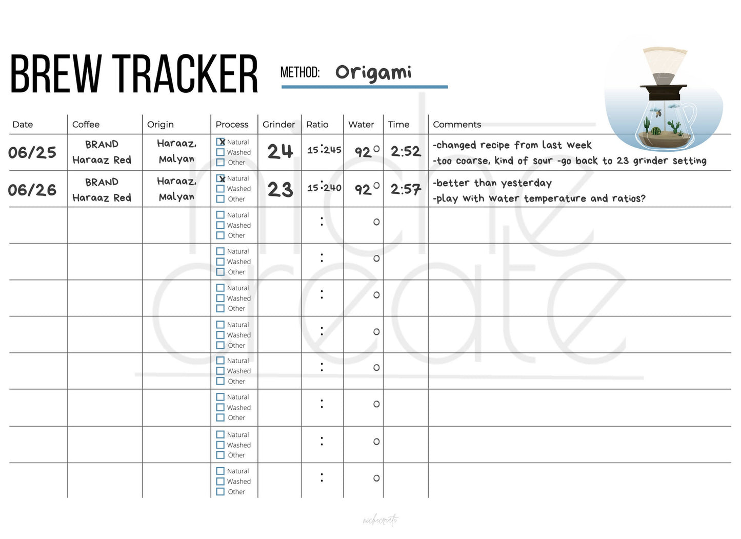 Minimalist Brew Tracker PRINTABLE (Digital)- Coffee Log/Journal