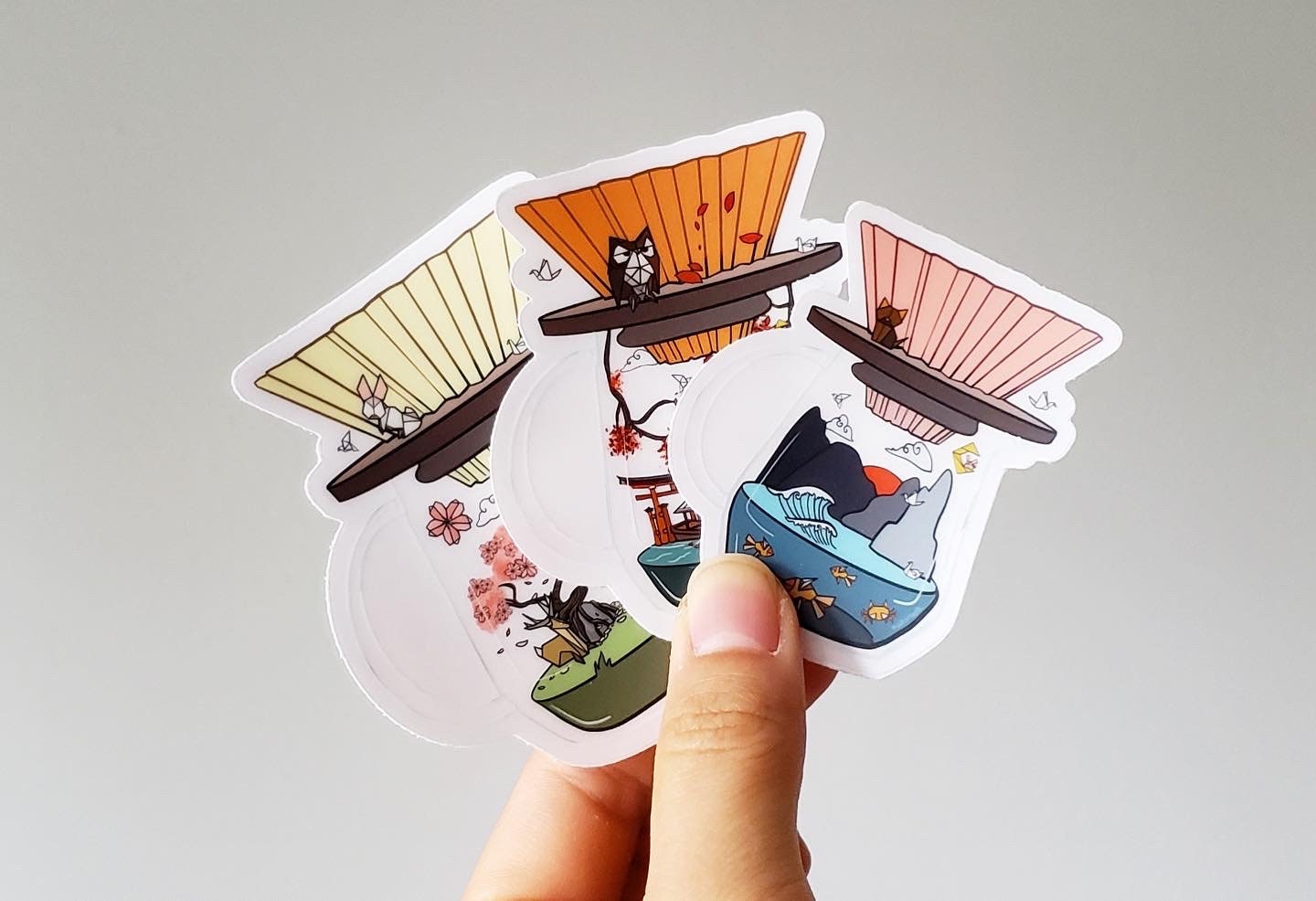 Origami Coffee Vinyl Stickers (Transparent) | Red/Pink/Yellow/Orange/Blue