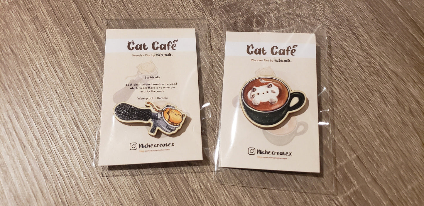 Cat Cafe Coffee Wooden Pins | Sleepy Portafilter, Latte