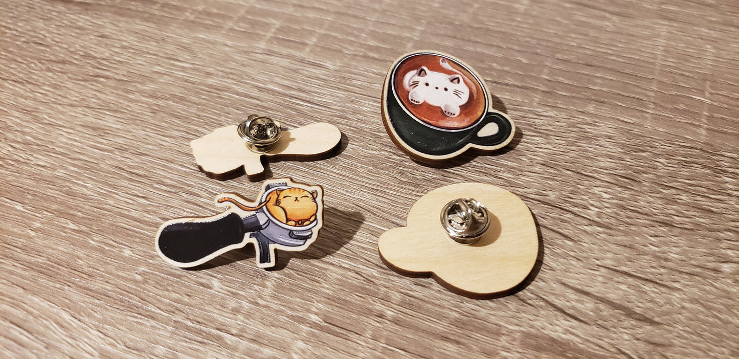 Cat Cafe Coffee Wooden Pins | Sleepy Portafilter, Latte