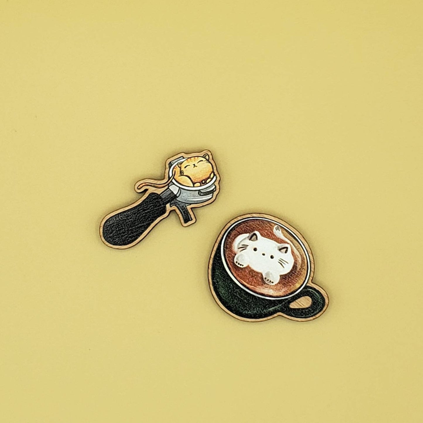 Cat Cafe Coffee Wooden Pins | Sleepy Portafilter, Latte