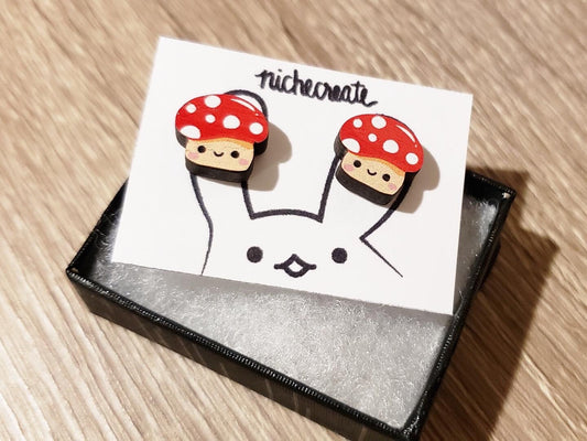 Red Dotted Mushroom Wooden Earring Studs