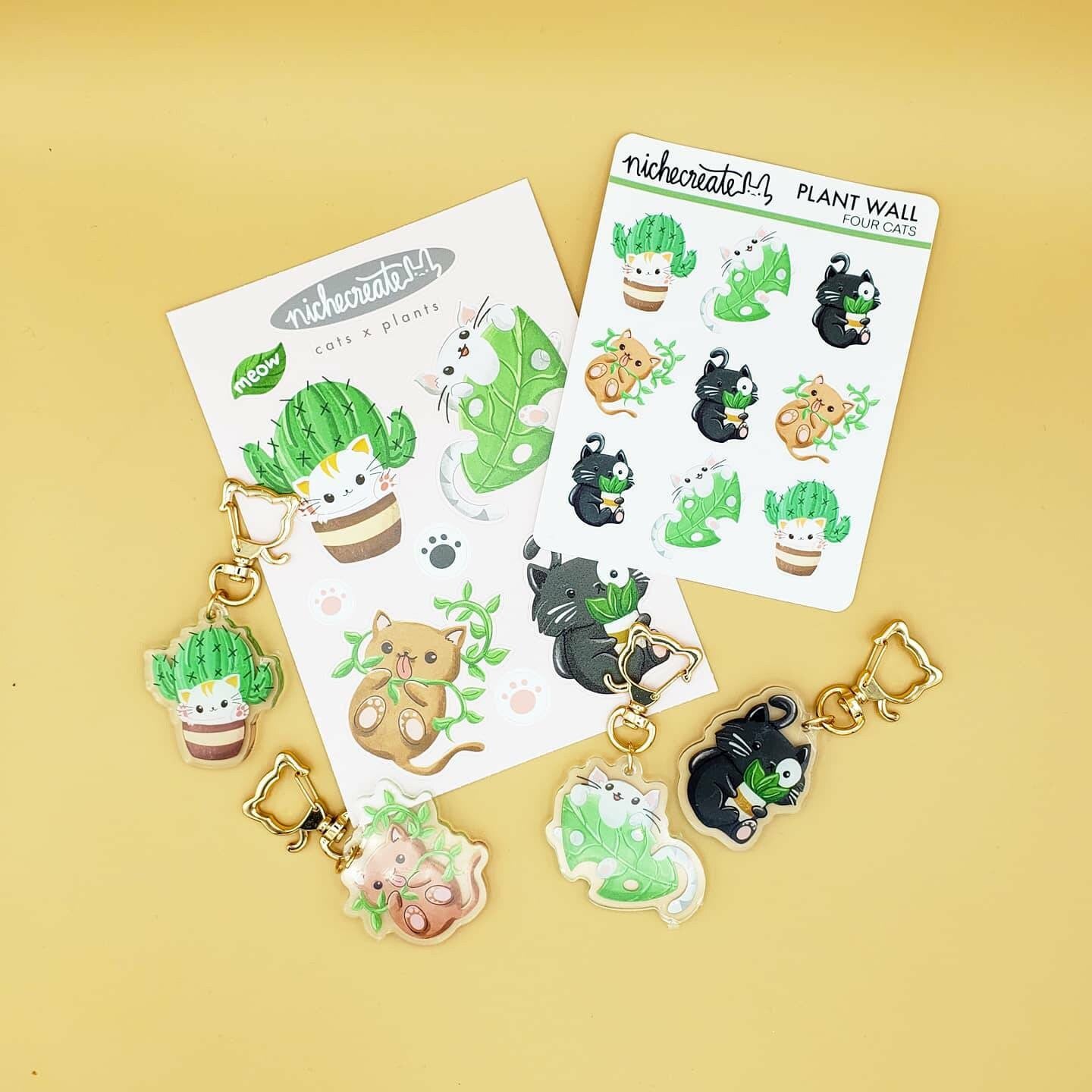 Four Cats + Plants Keychains