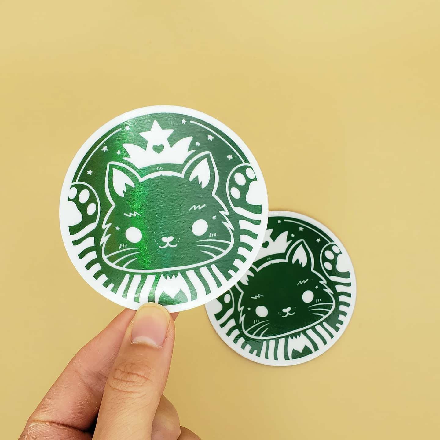 Green Cat Café Holographic Vinyl Sticker/Keychain