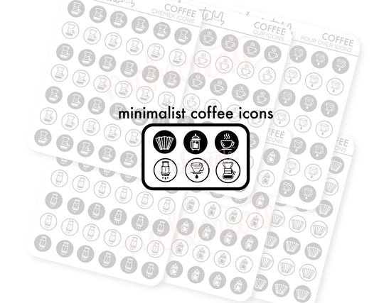 Minimalist Coffee Icons Planner Sticker Sheet | French Press, Chemex, Hario V60, Pour Over, Origami Dripper, Coffee Cup, Aeropress Planner Stickers