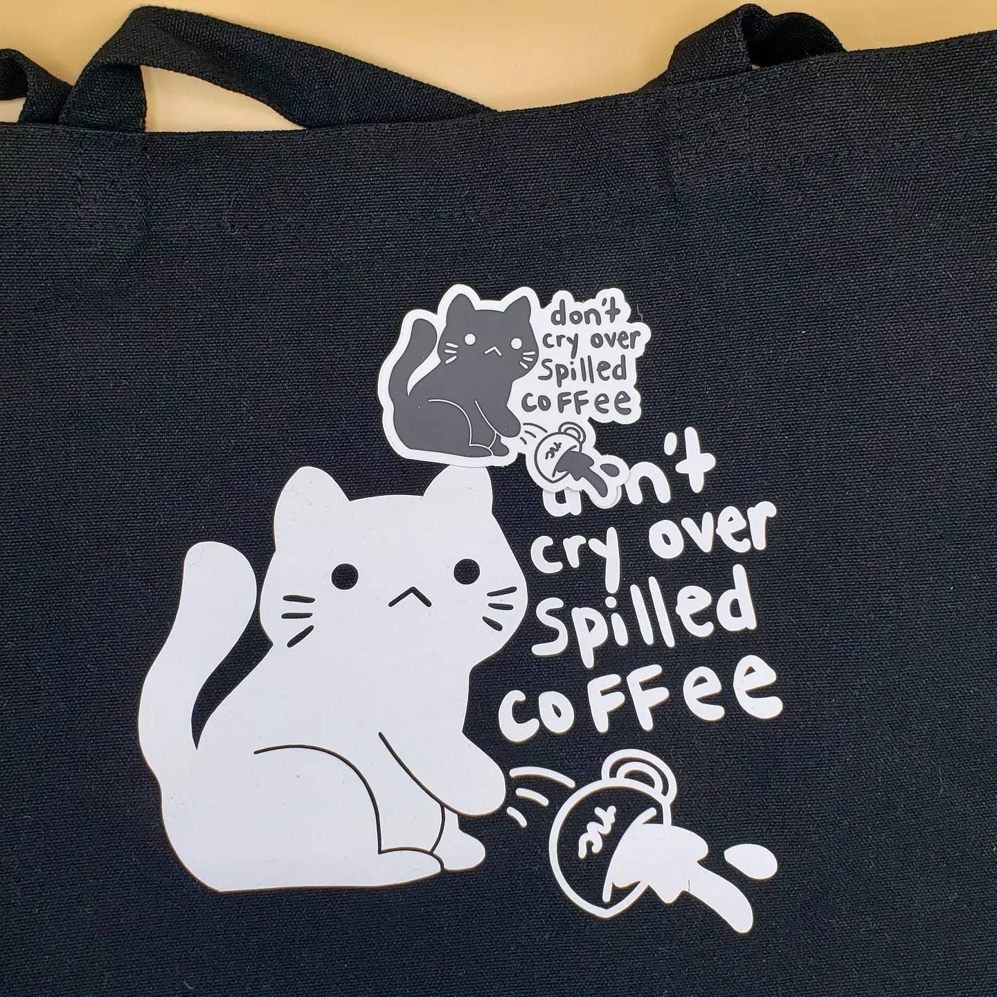 Black Cat Coffee Vinyl Stickers and Keychains | Don't Cry Over Spilled Coffee