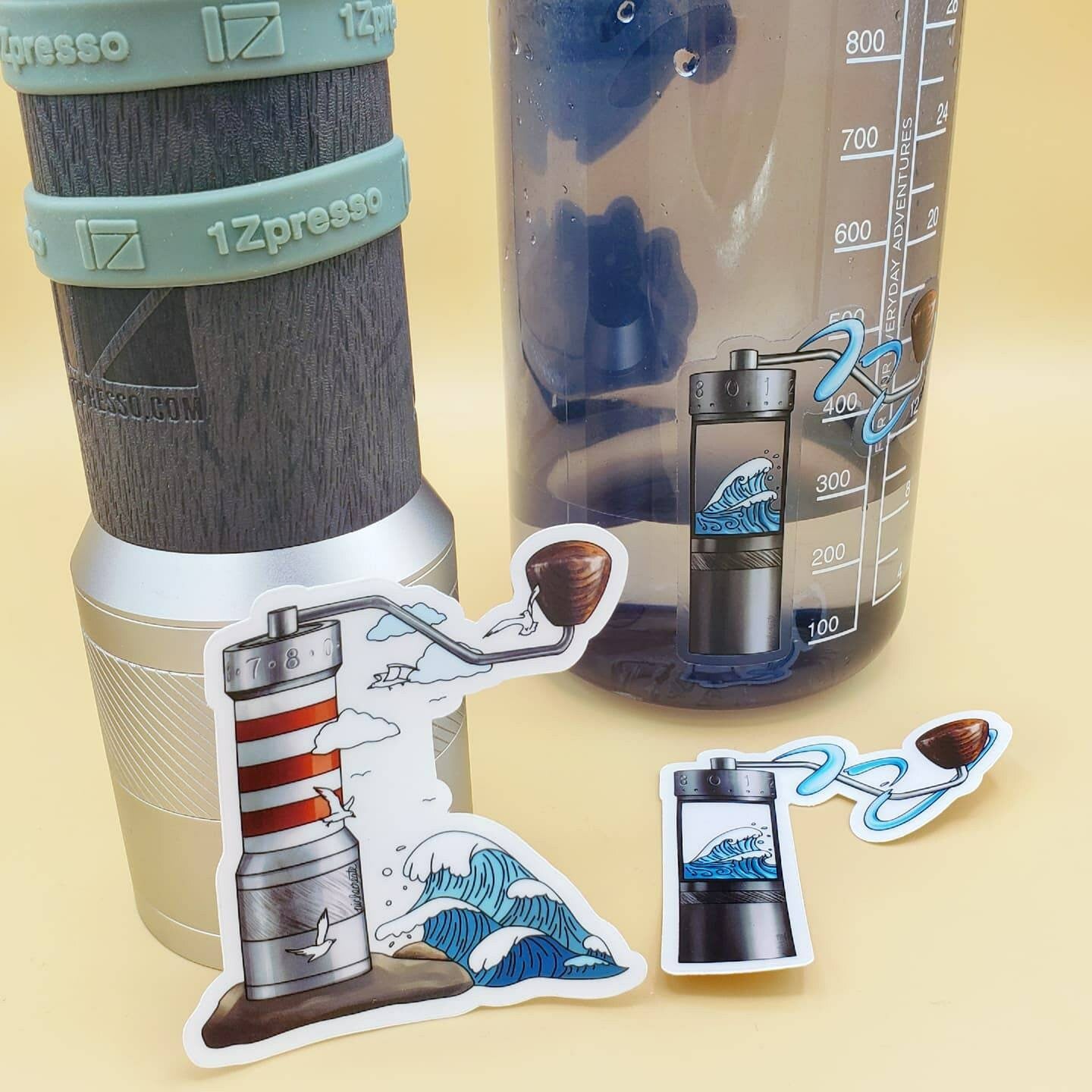 Coffee Grinder Lighthouse and Waves Vinyl Sticker and Keychains (Transparent)