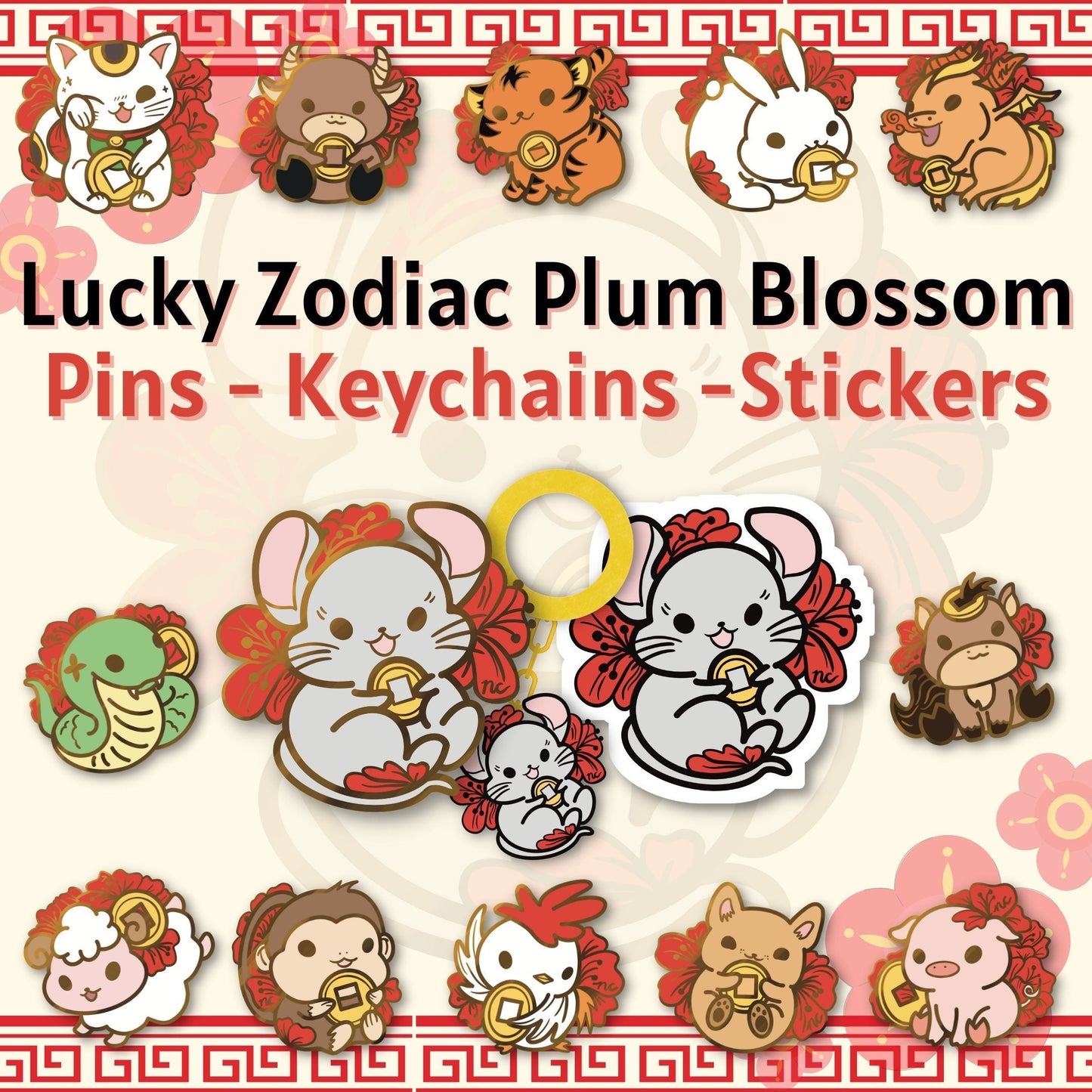 Lucky Plum Blossom Zodiac Animals Hard Enamel Pins, Keychains, Vinyl Stickers