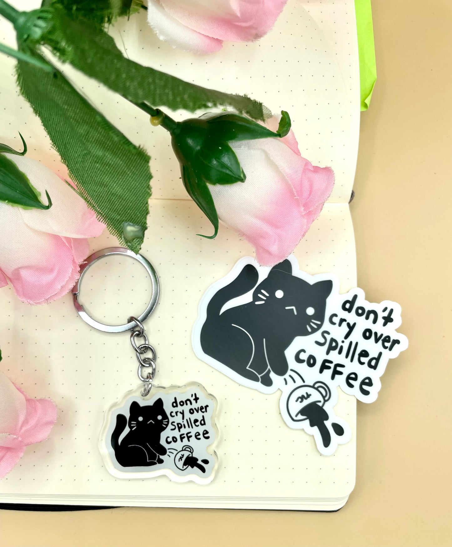 Black Cat Coffee Vinyl Stickers and Keychains | Don't Cry Over Spilled Coffee