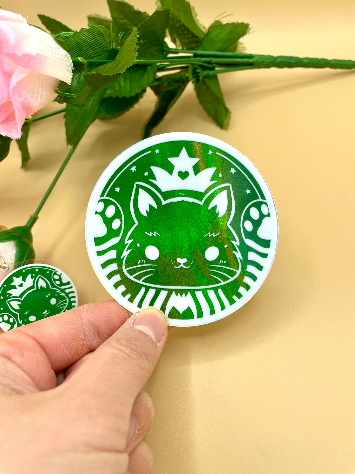 Green Cat Café Holographic Vinyl Sticker/Keychain