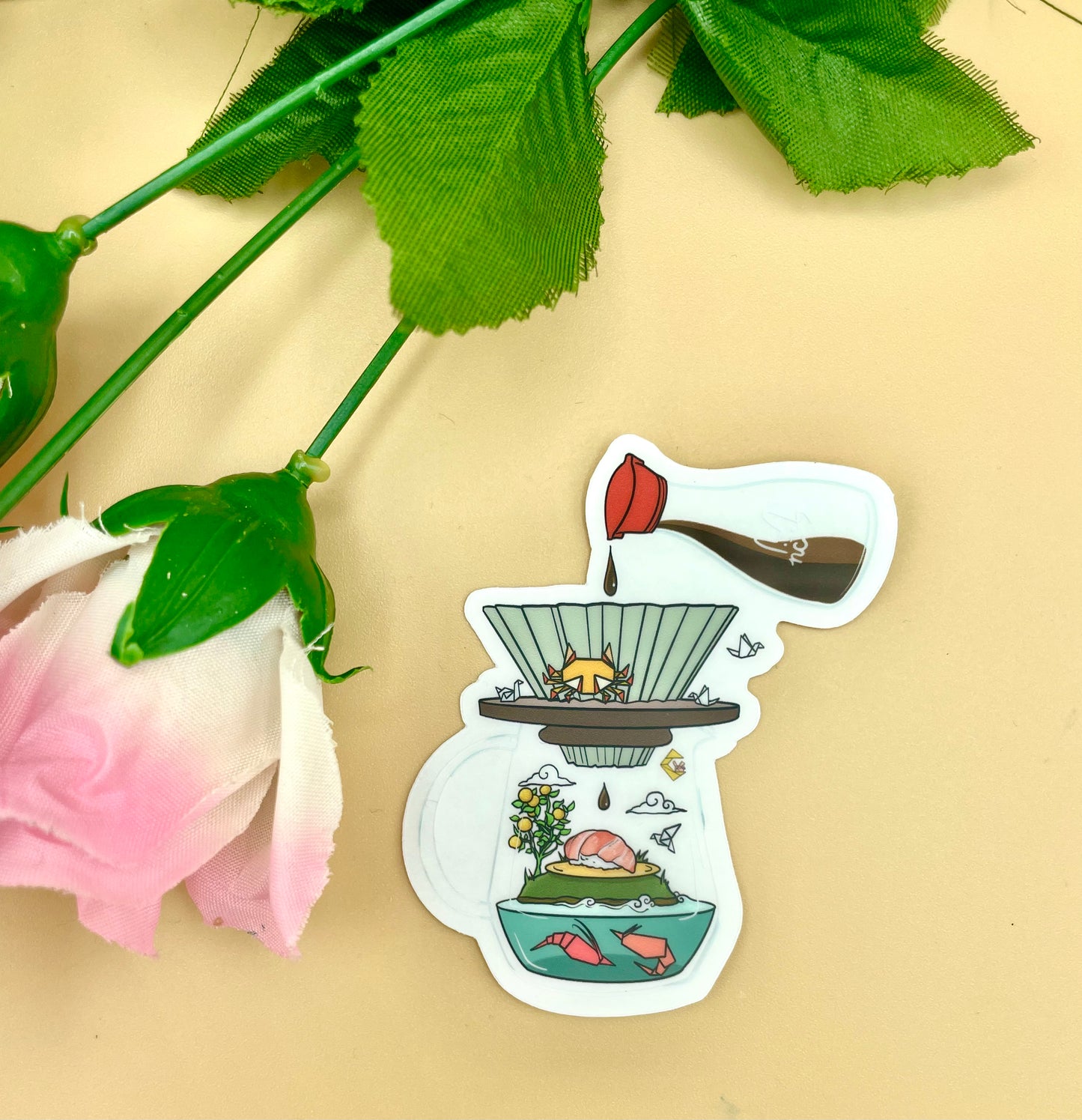 Origami Sushi Coffee Vinyl Stickers & Keychains (Transparent) | Matte Green